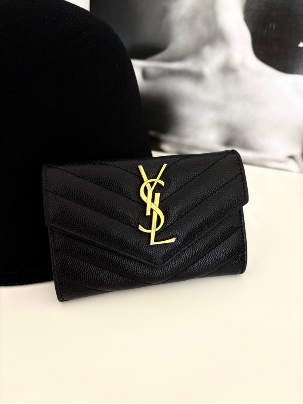 Saint Laurent Black Chevron Quilted Leather Wallet with Gold YSL Logo